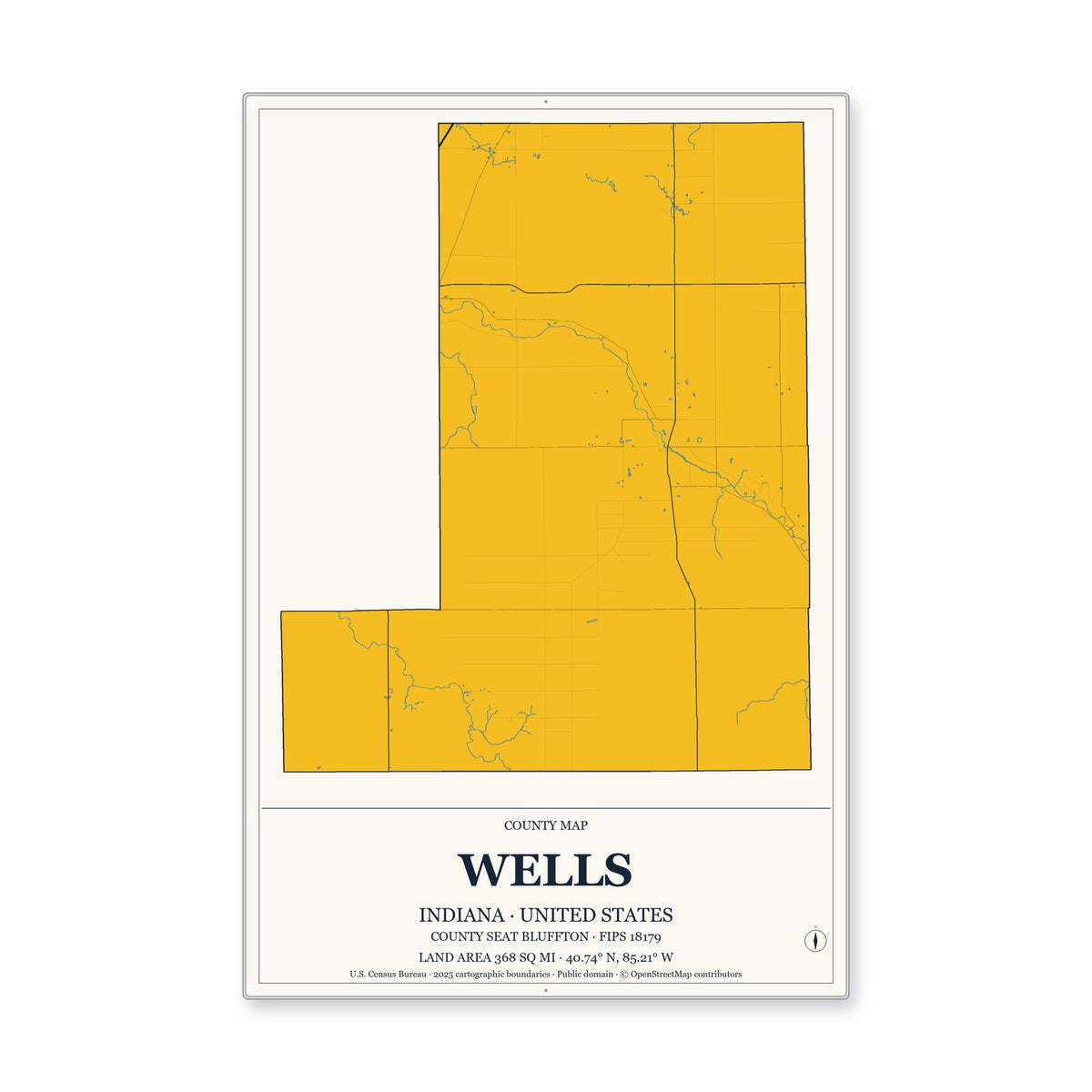 Wells County, Indiana Map Aluminum Sign in Citrine Modern style