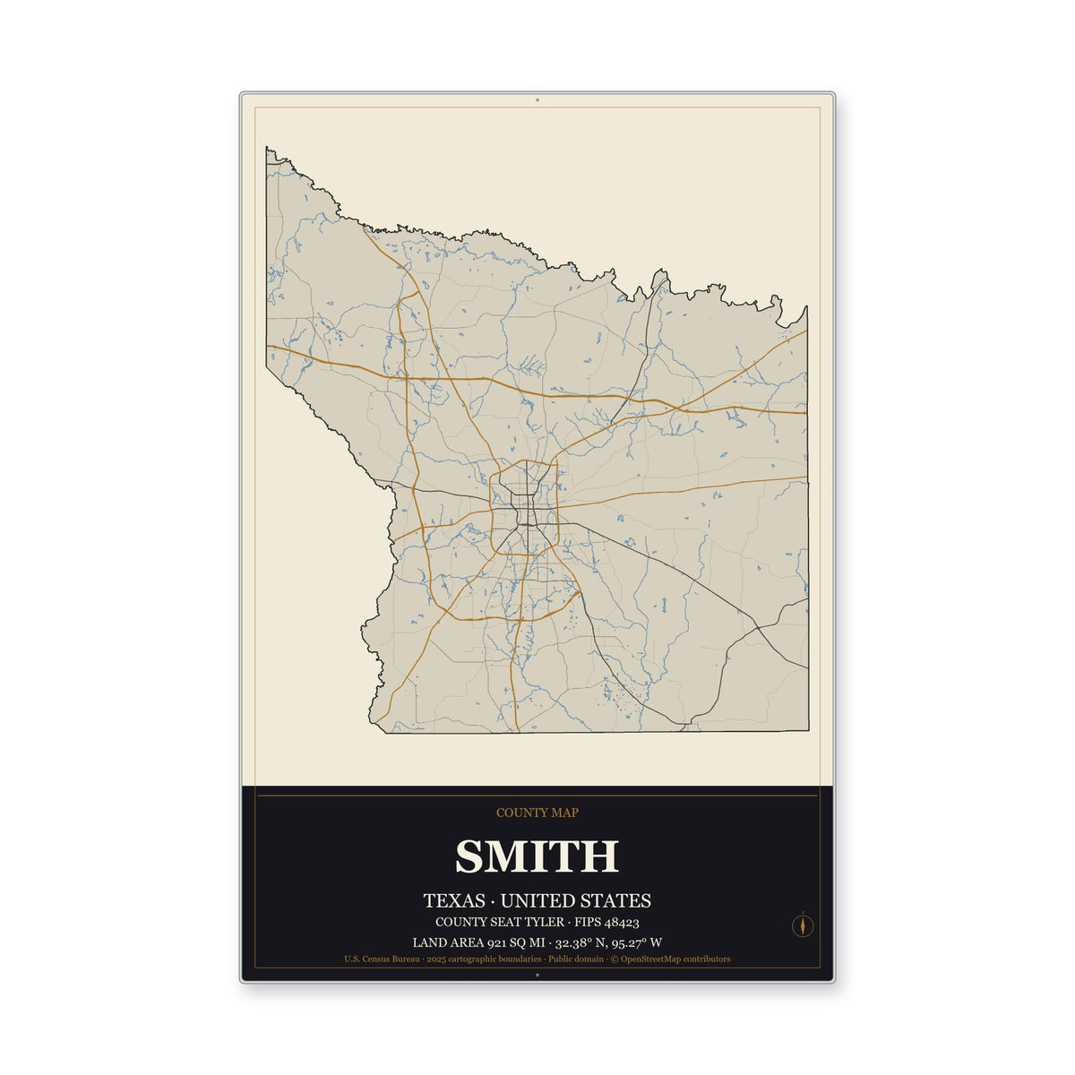 Smith County, Texas Map Aluminum Sign in Museum Plaque style