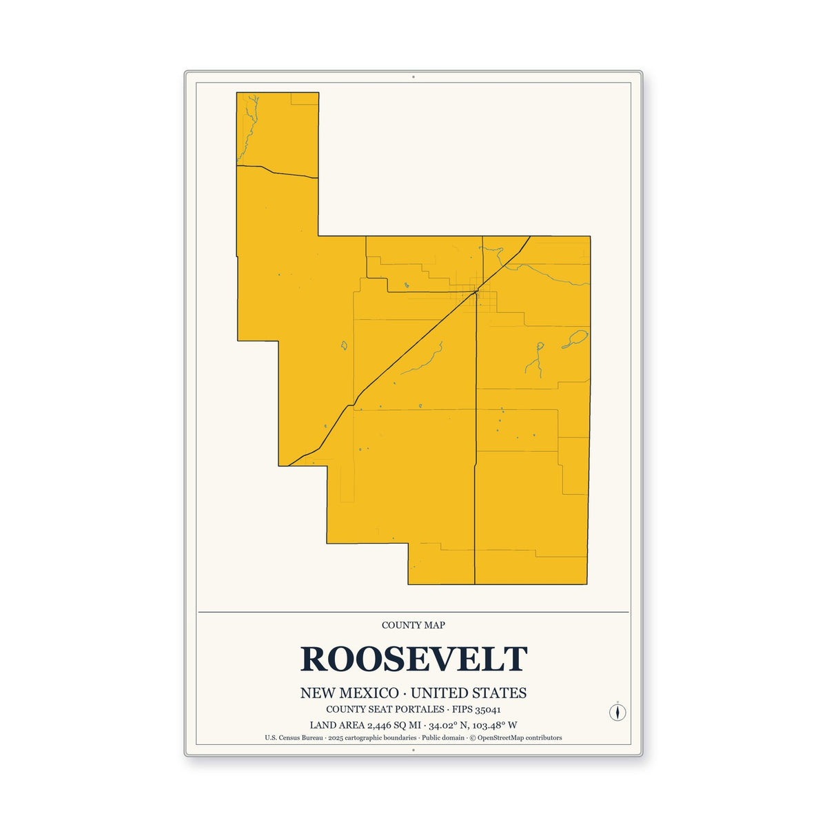 Roosevelt County, New Mexico Map Aluminum Sign in Citrine Modern style