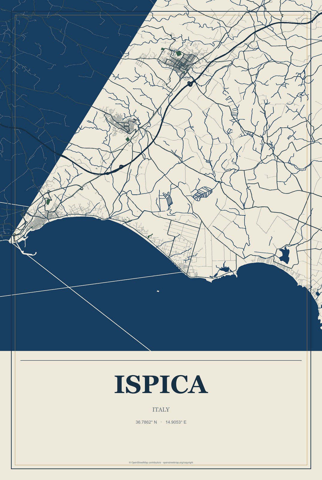 Ispica, Italy City Map Aluminum Sign in Coastal Cutout style
