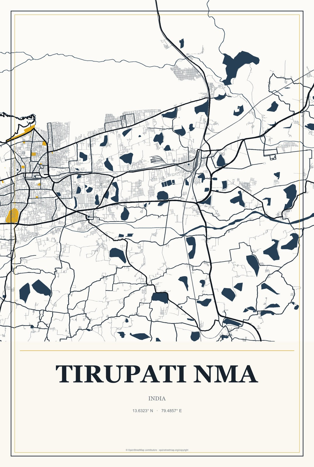 Tirupati NMA, India City Map Aluminum Sign in Citrine Modern style