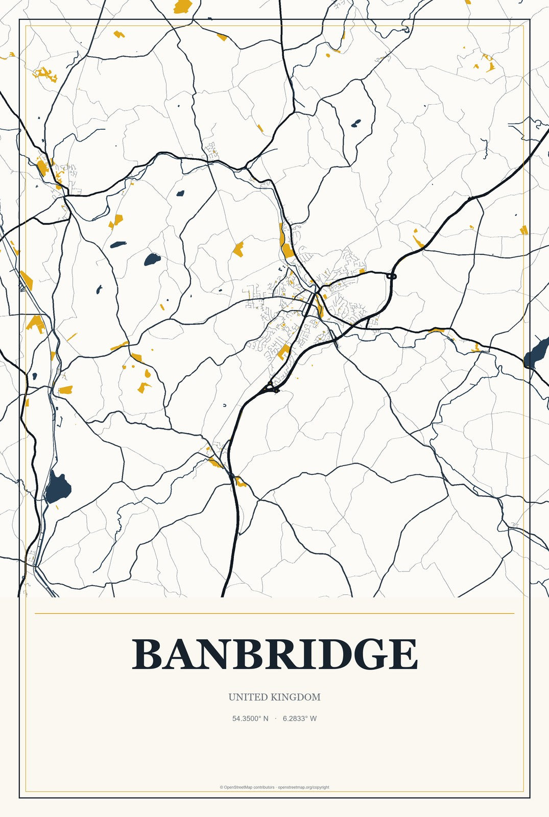 Banbridge, United Kingdom City Map Aluminum Sign in Citrine Modern style
