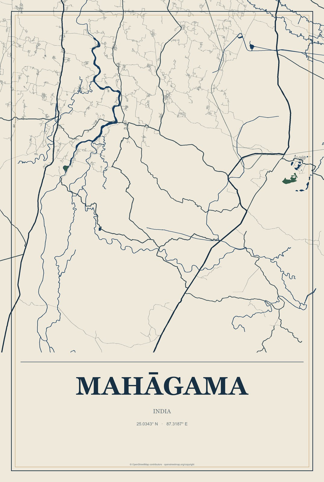 Mahāgama, India City Map Aluminum Sign in Coastal Cutout style