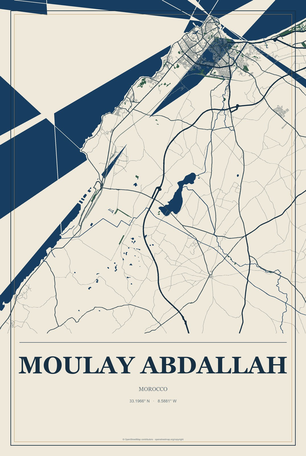 Moulay Abdallah, Morocco City Map Aluminum Sign in Coastal Cutout style