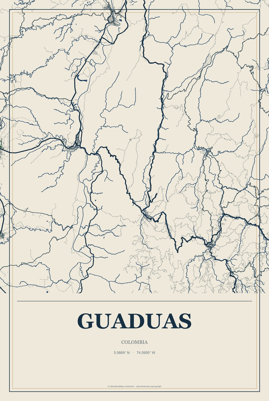 Guaduas, Colombia City Map Aluminum Sign in Coastal Cutout style