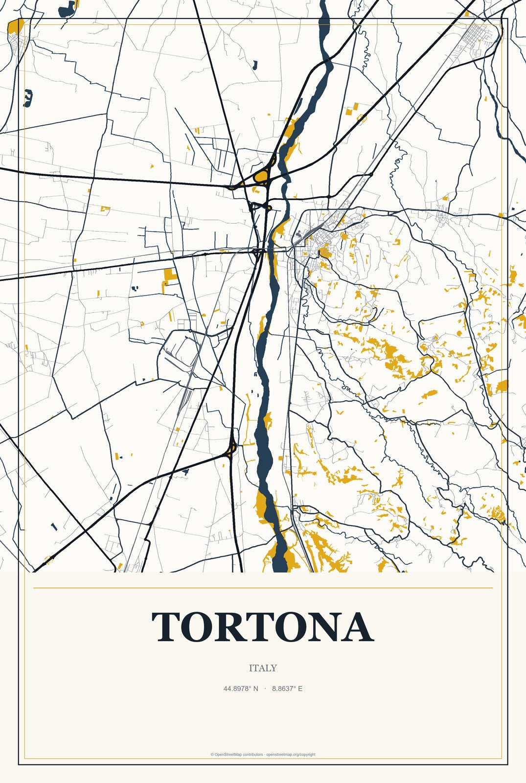 Tortona, Italy City Map Aluminum Sign in Citrine Modern style