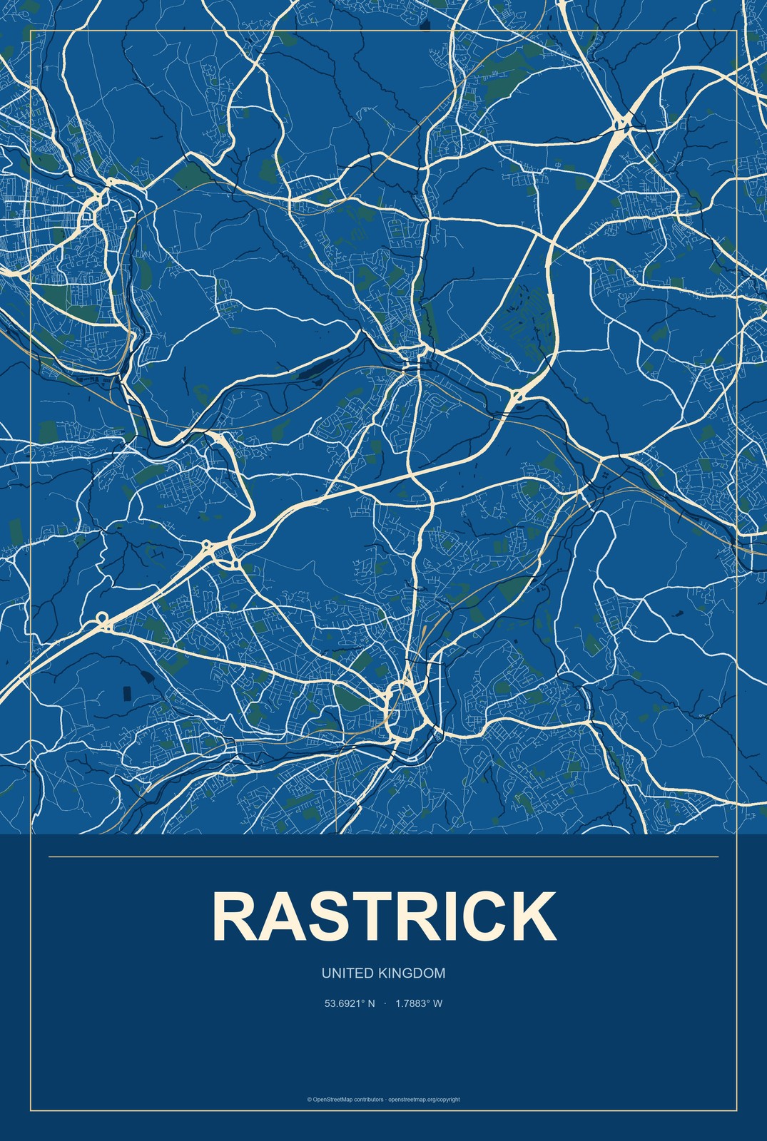 Rastrick, United Kingdom City Map Aluminum Sign in Harbor Cobalt style