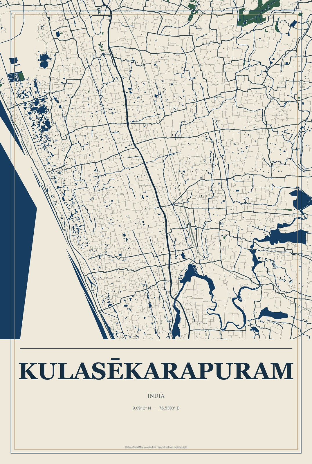 Kulasēkarapuram, India City Map Aluminum Sign in Coastal Cutout style