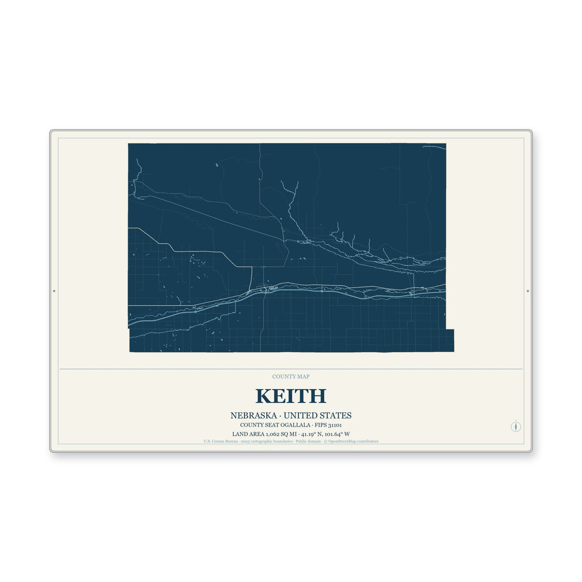Keith County, Nebraska Map Aluminum Sign in Coastal Cutout style