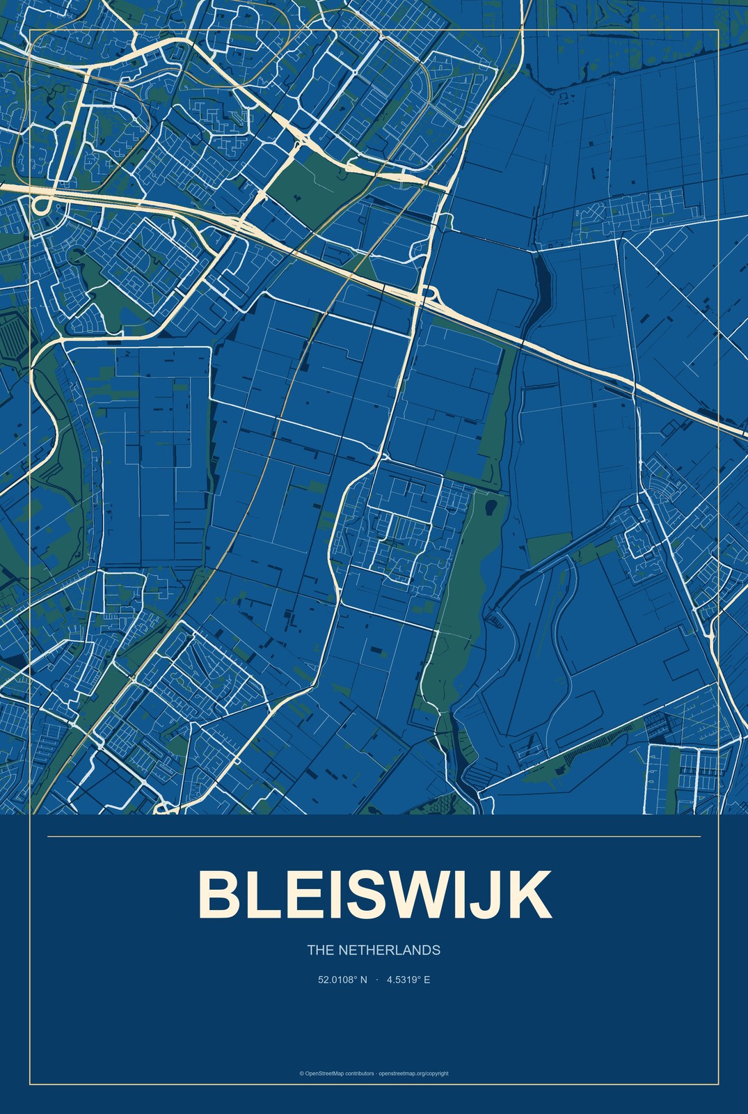 Bleiswijk, The Netherlands City Map Aluminum Sign in Harbor Cobalt style