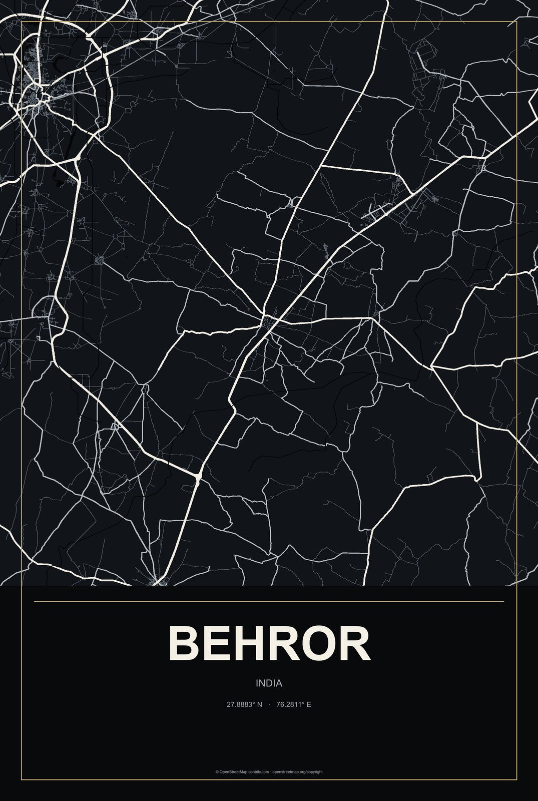 Behror, India City Map Aluminum Sign in Metropolitan Noir style