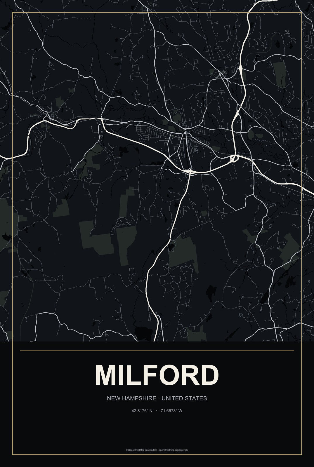 Milford, New Hampshire City Map Aluminum Sign in Metropolitan Noir style