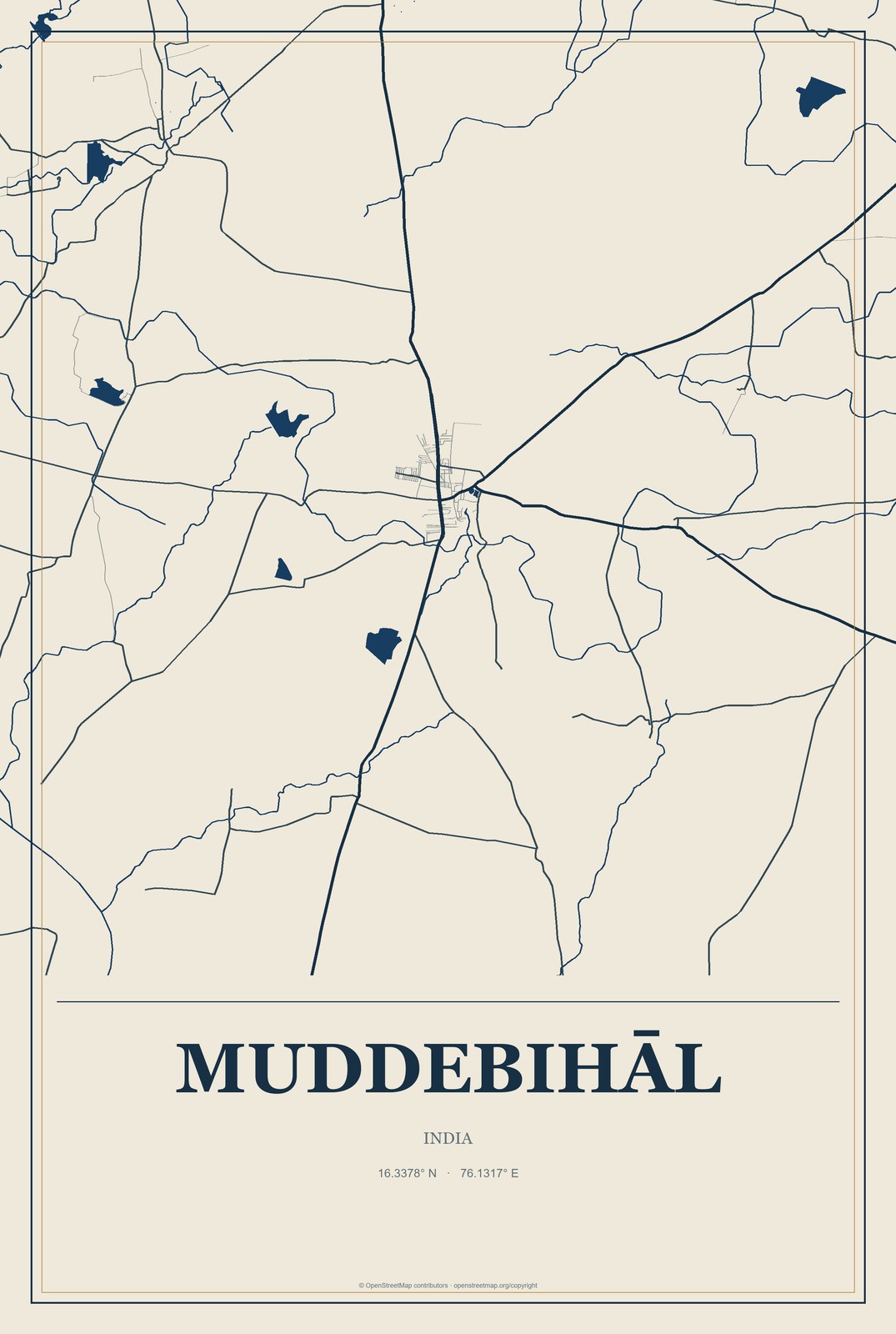 Muddebihāl, India City Map Aluminum Sign in Coastal Cutout style