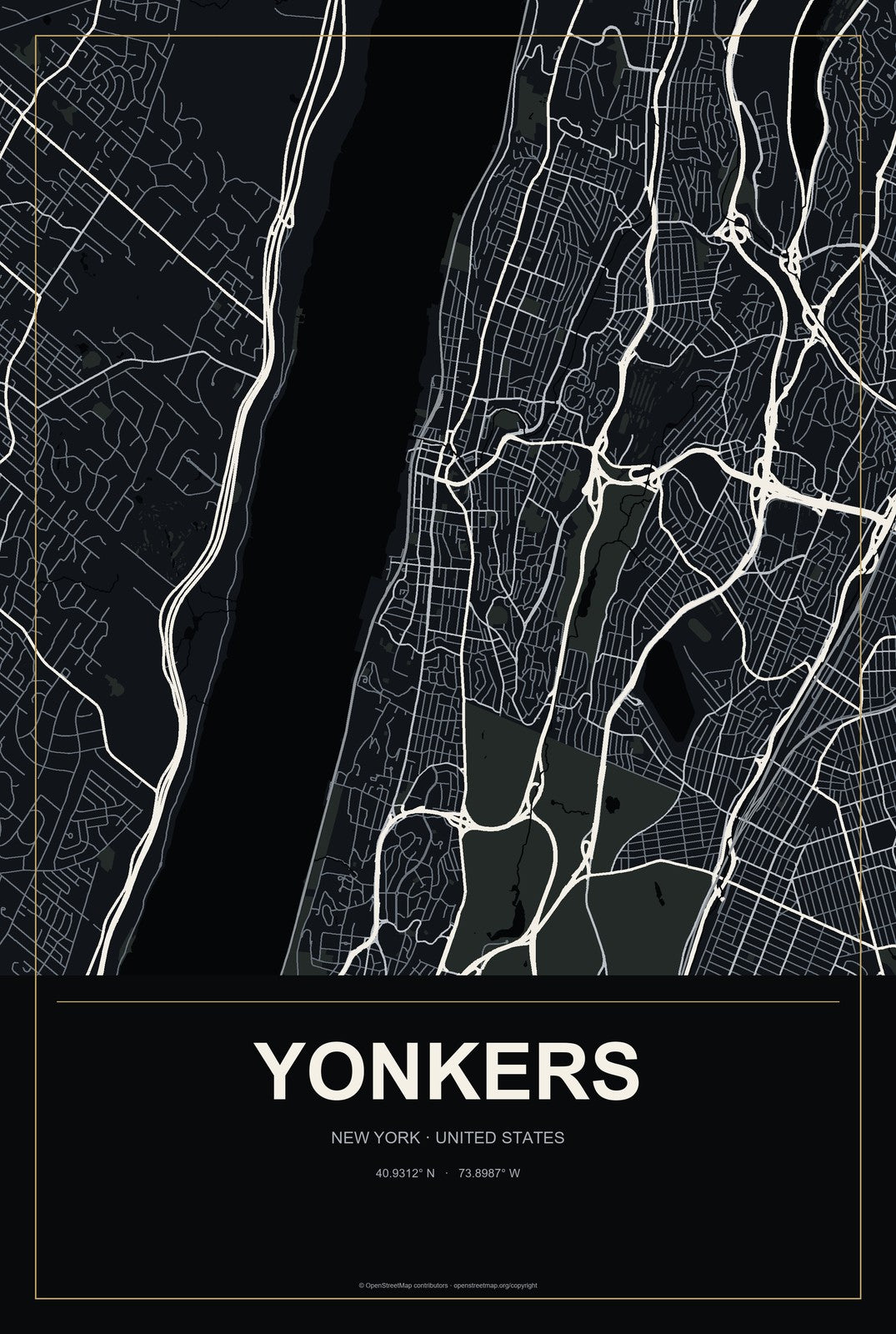 Yonkers, New York City Map Aluminum Sign in Metropolitan Noir style