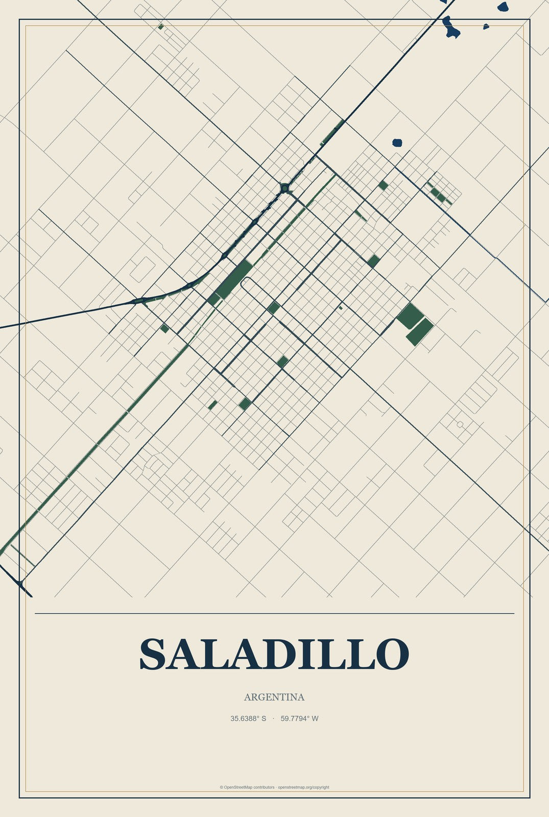 Saladillo, Argentina City Map Aluminum Sign in Coastal Cutout style