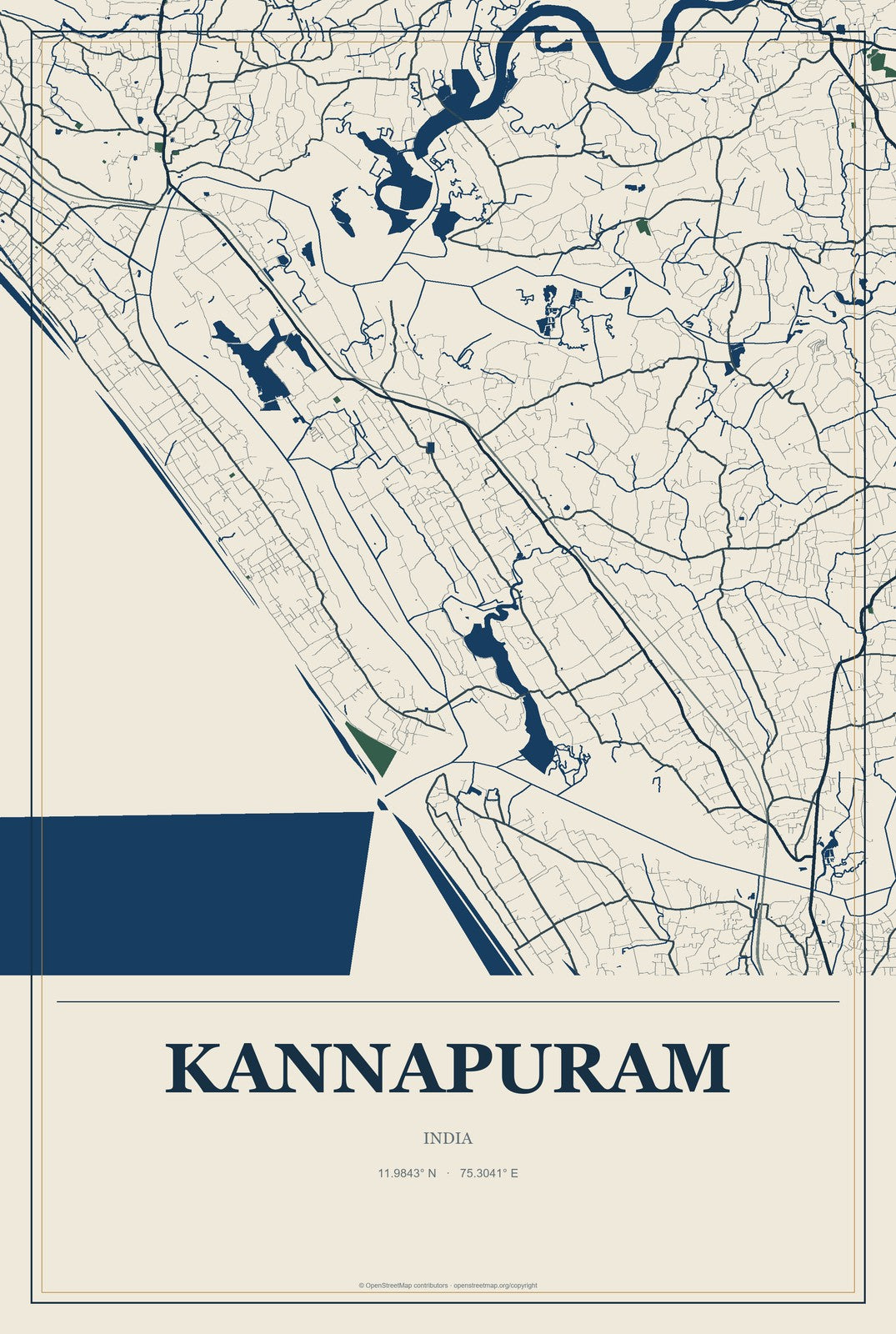 Kannapuram, India City Map Aluminum Sign in Coastal Cutout style