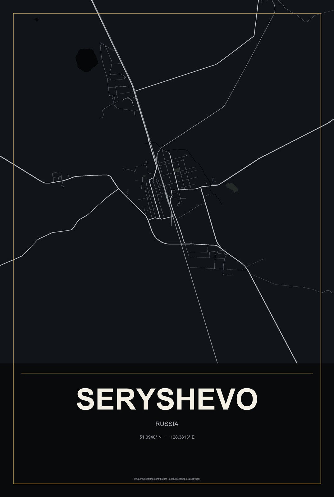 Seryshevo, Russia City Map Aluminum Sign in Metropolitan Noir style