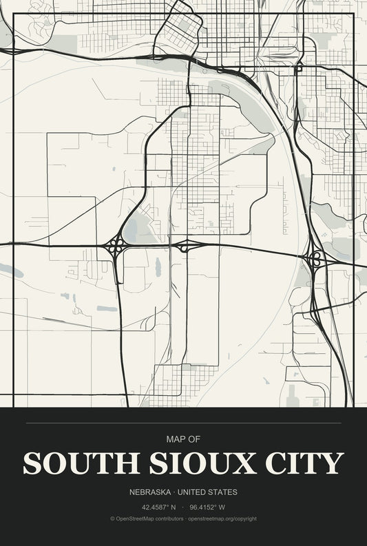 South Sioux City, Nebraska City Map Aluminum Sign in Museum Plaque style