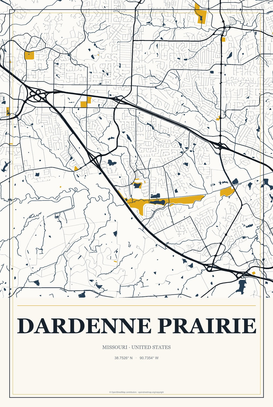 Dardenne Prairie, Missouri City Map Aluminum Sign in Citrine Modern style