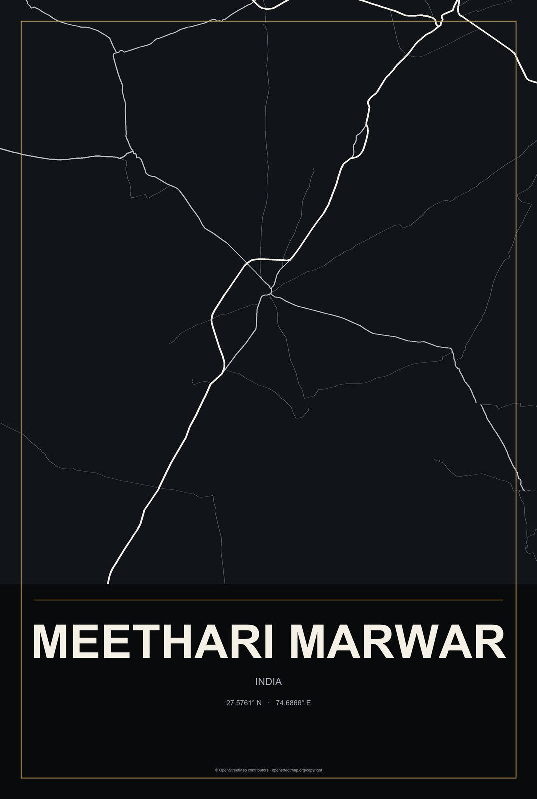 Meethari Marwar, India City Map Aluminum Sign in Metropolitan Noir style