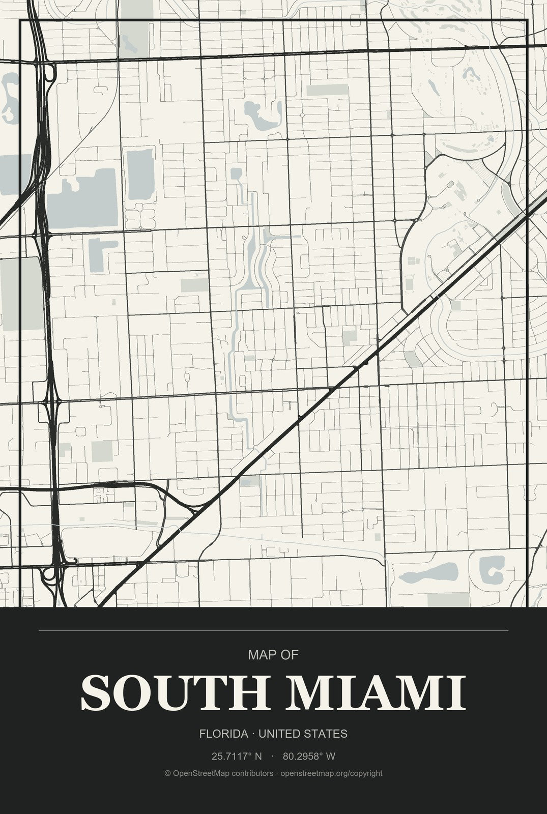 South Miami, Florida City Map Aluminum Sign in Museum Plaque style