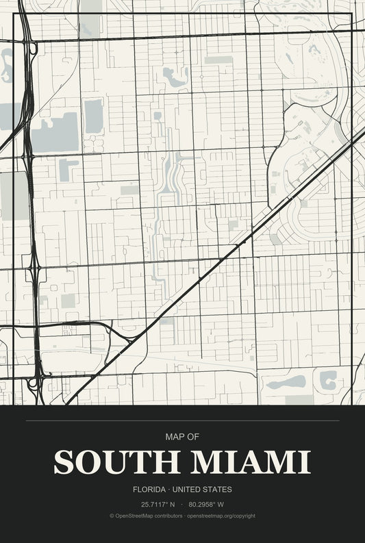 South Miami, Florida City Map Aluminum Sign in Museum Plaque style
