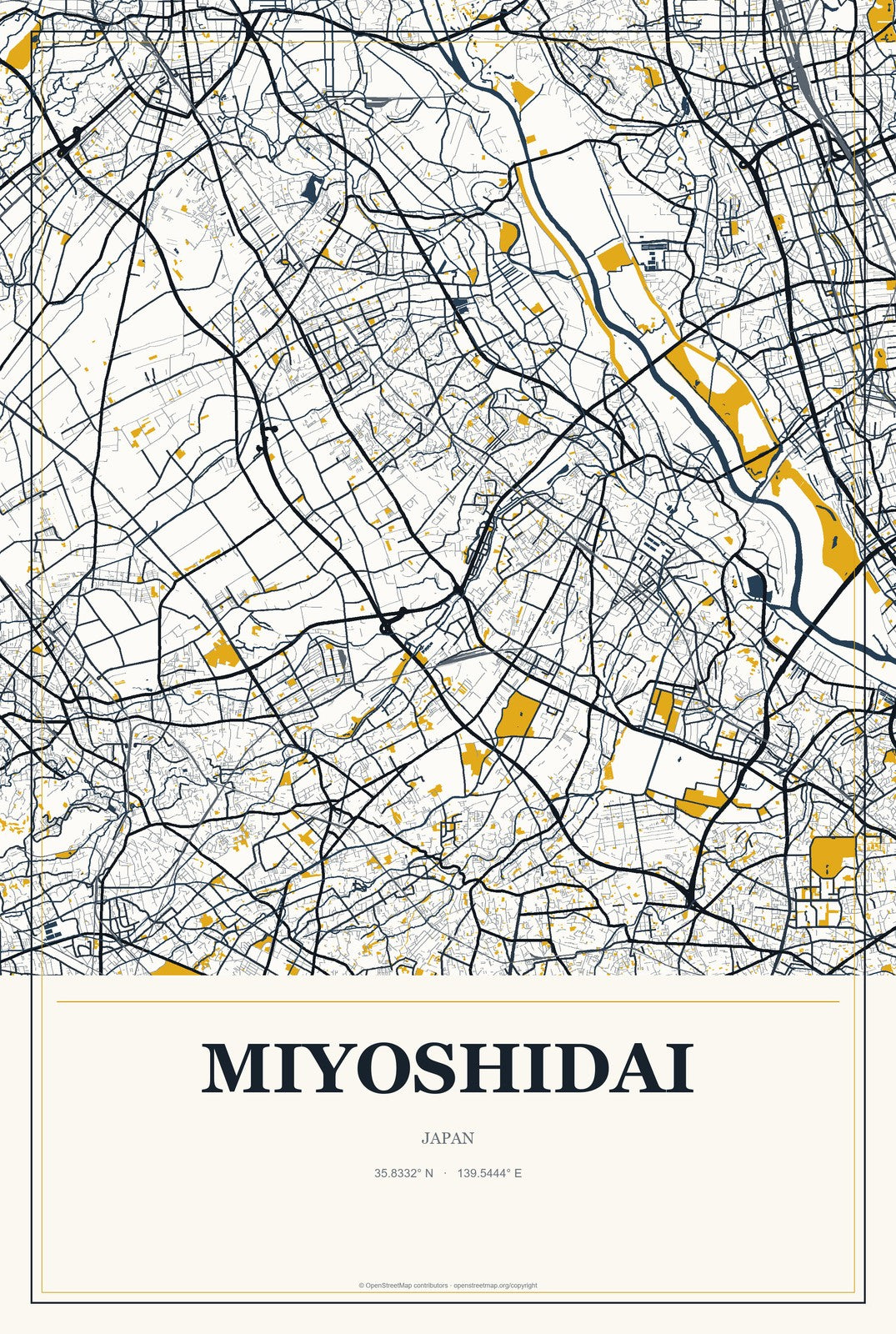 Miyoshidai, Japan City Map Aluminum Sign in Citrine Modern style