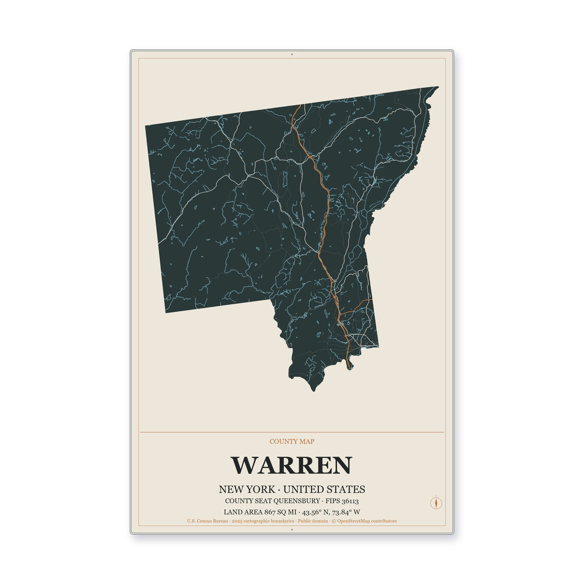 Warren County, New York Map Aluminum Sign in Headline Atlas style
