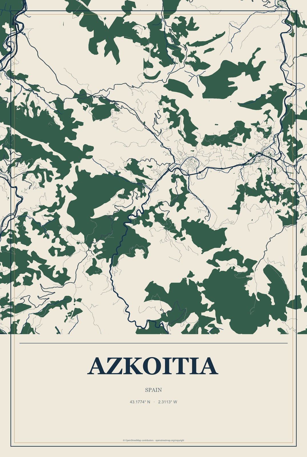 Azkoitia, Spain City Map Aluminum Sign in Coastal Cutout style