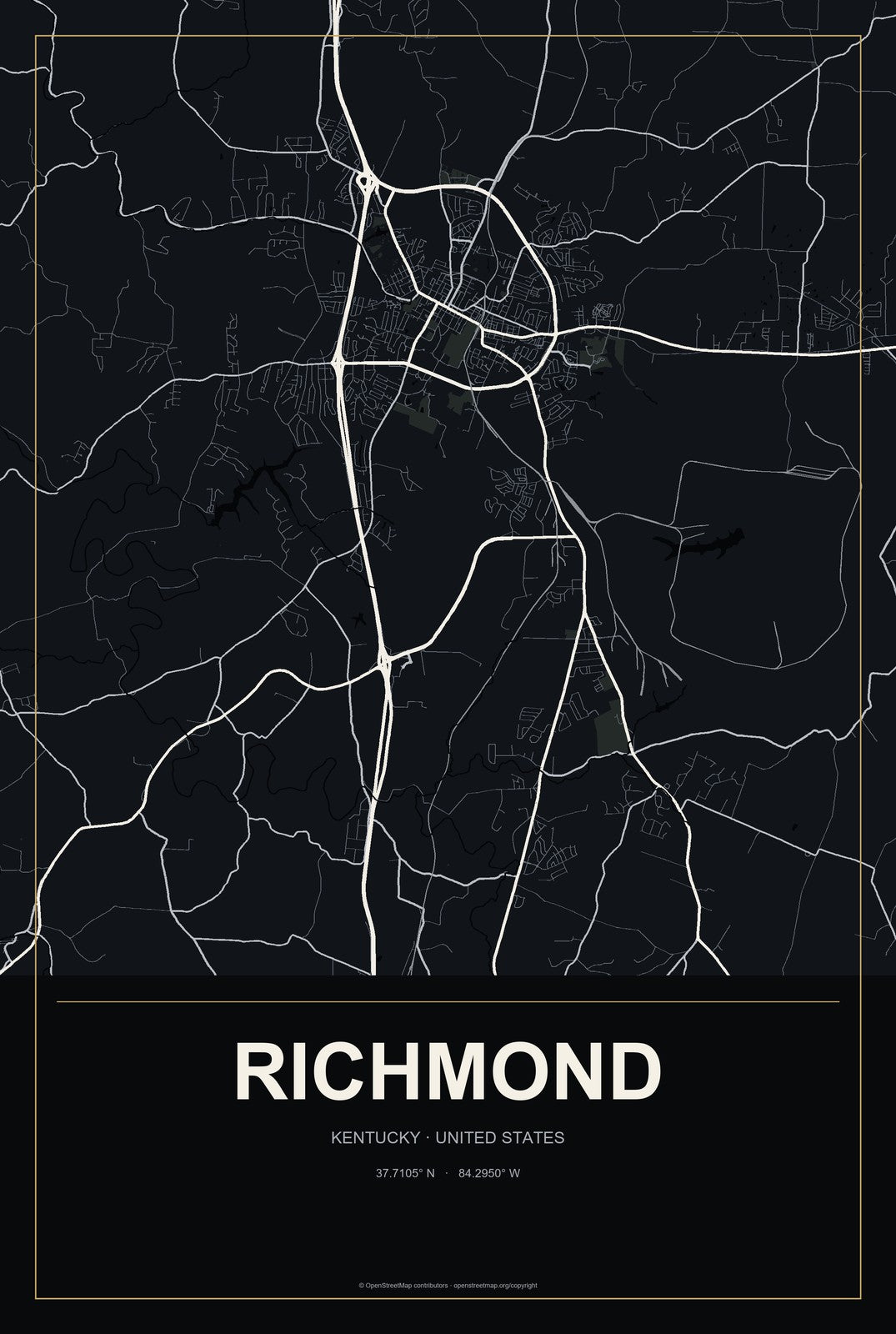 Richmond, Kentucky City Map Aluminum Sign in Metropolitan Noir style