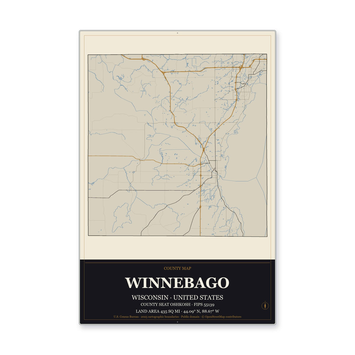 Winnebago County, Wisconsin Map Aluminum Sign in Museum Plaque style