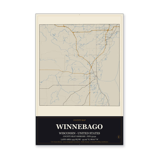 Winnebago County, Wisconsin Map Aluminum Sign in Museum Plaque style