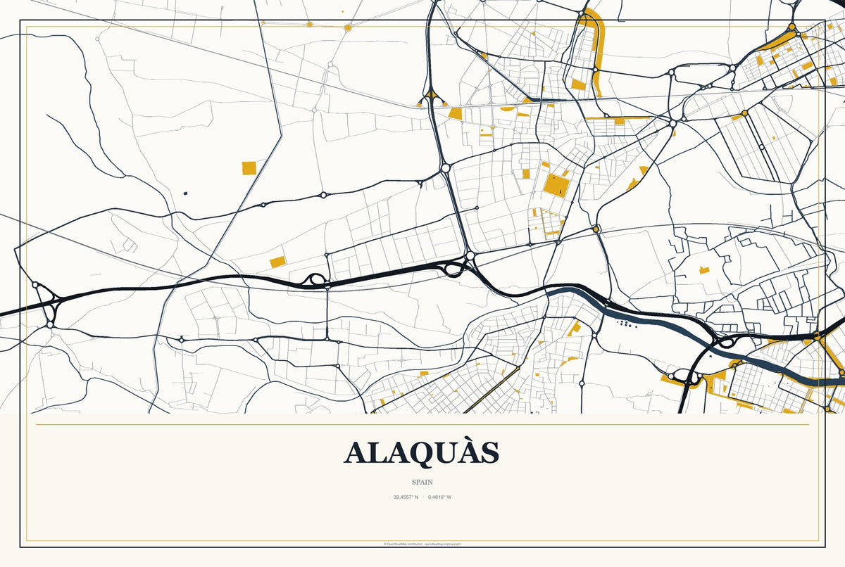 Alaquàs, Spain City Map Aluminum Sign in Citrine Modern style