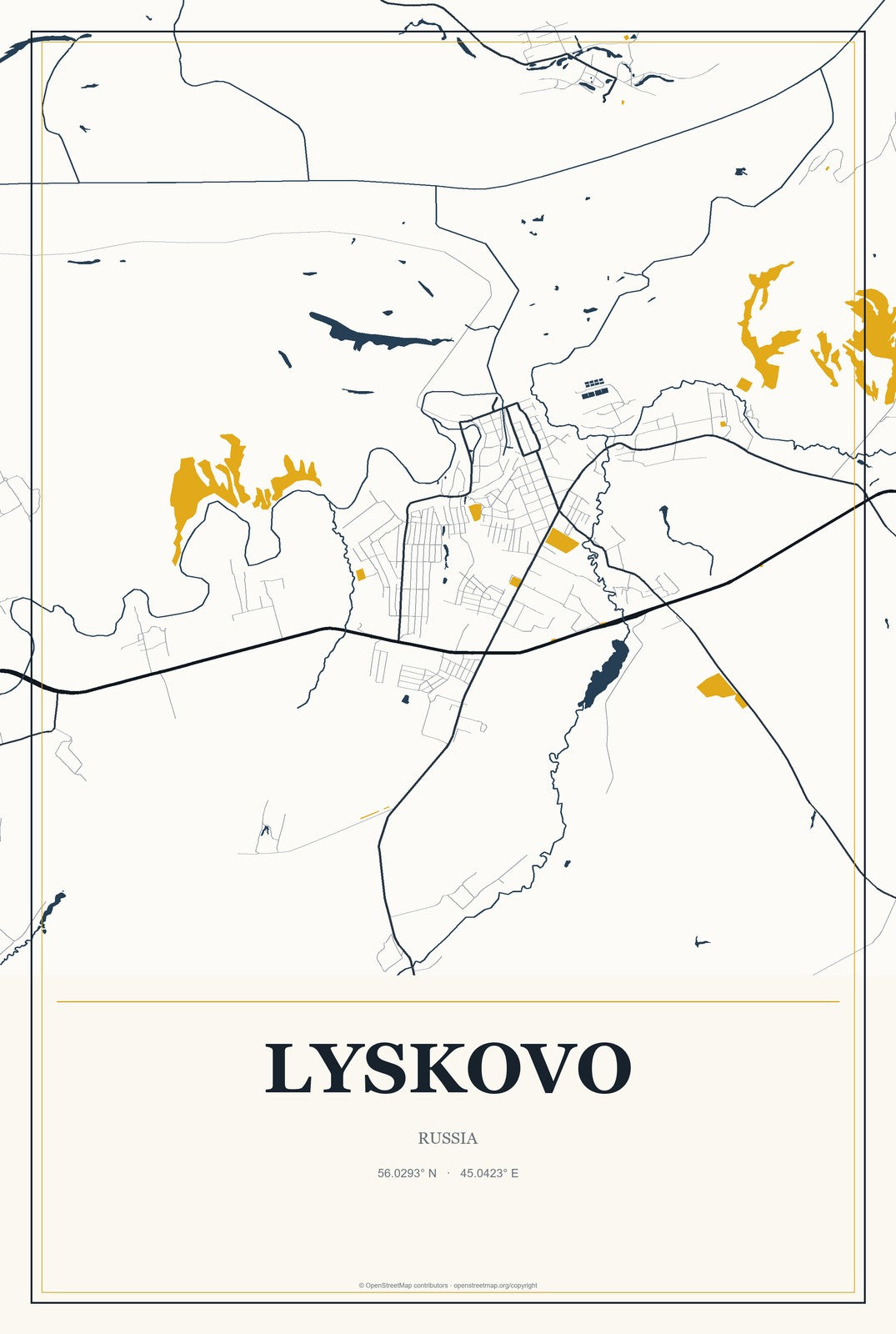 Lyskovo, Russia City Map Aluminum Sign in Citrine Modern style