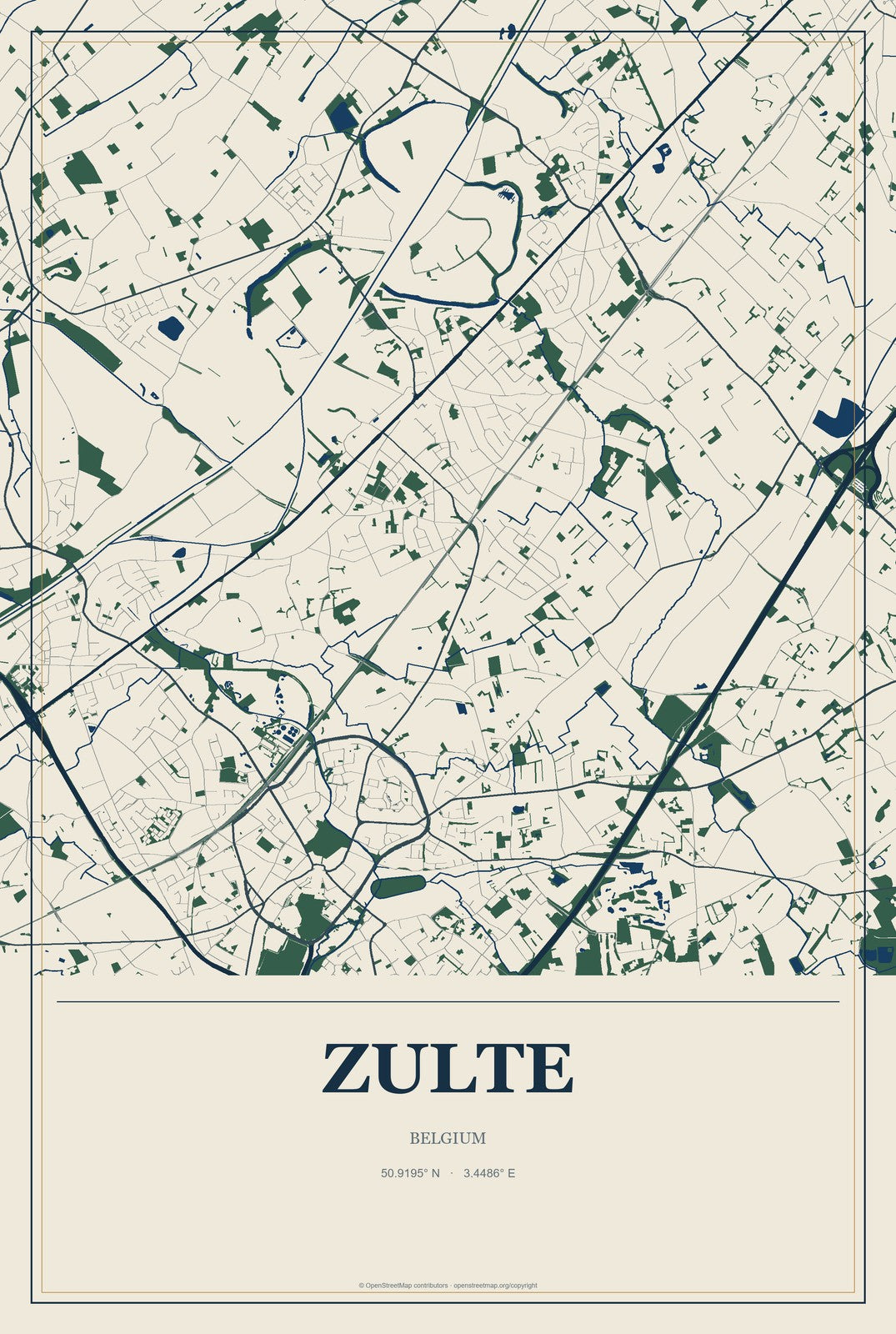 Zulte, Belgium City Map Aluminum Sign in Coastal Cutout style