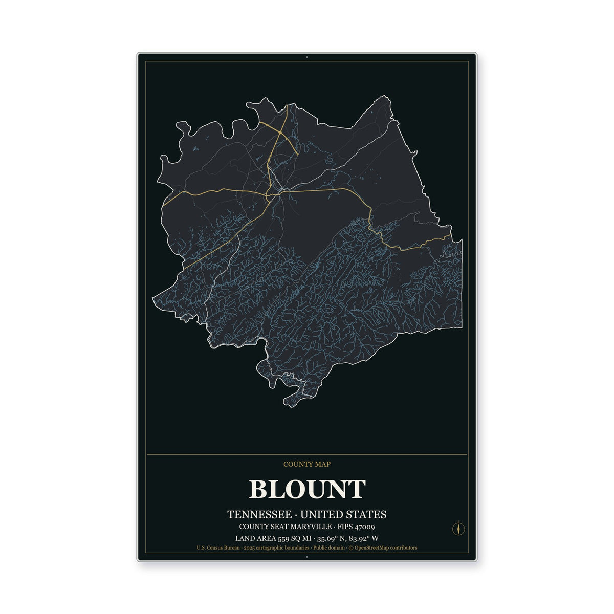 Blount County, Tennessee Map Aluminum Sign in Metropolitan Noir style