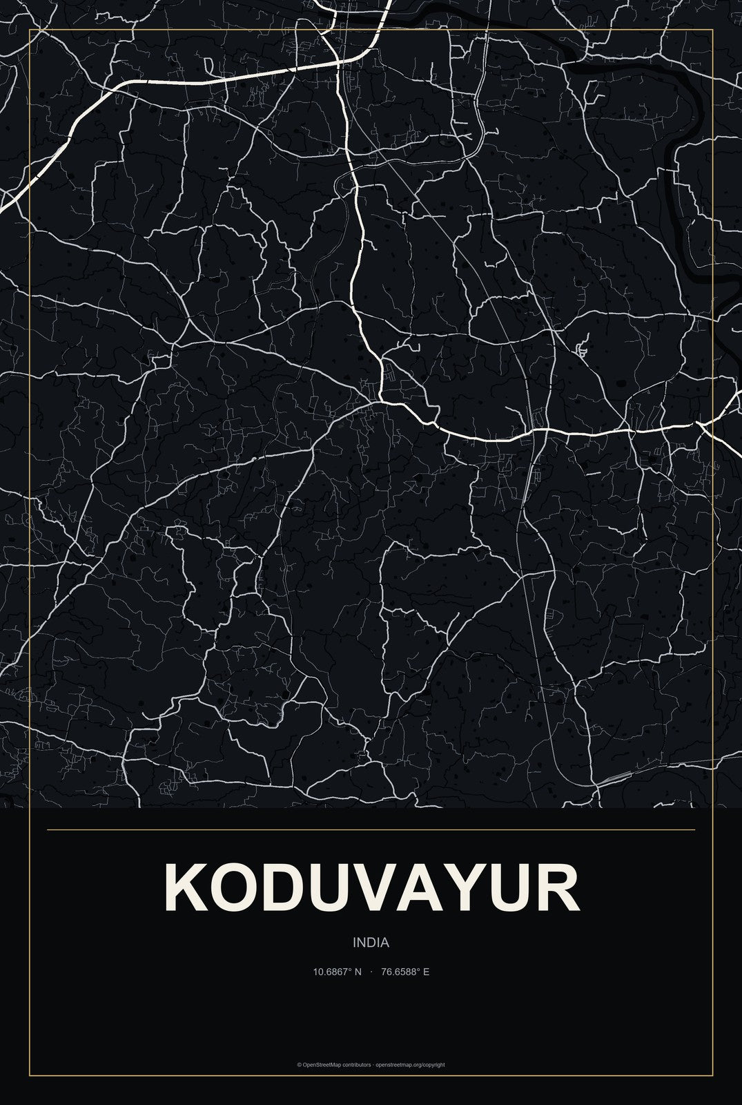 Koduvayur, India City Map Aluminum Sign in Metropolitan Noir style