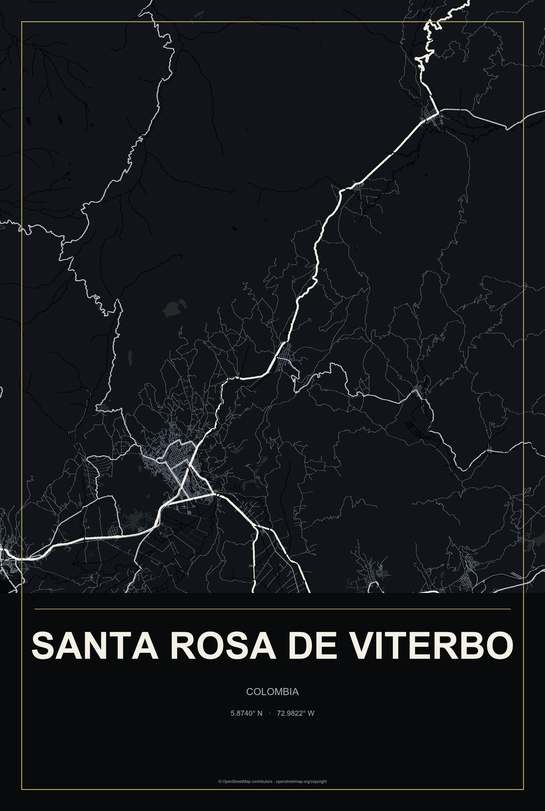 Santa Rosa de Viterbo, Colombia City Map Aluminum Sign in Metropolitan Noir style