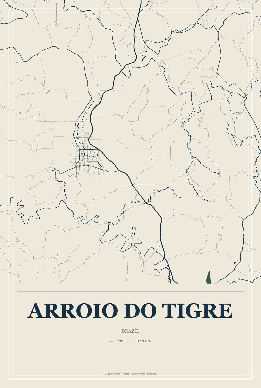 Arroio do Tigre, Brazil City Map Aluminum Sign in Coastal Cutout style