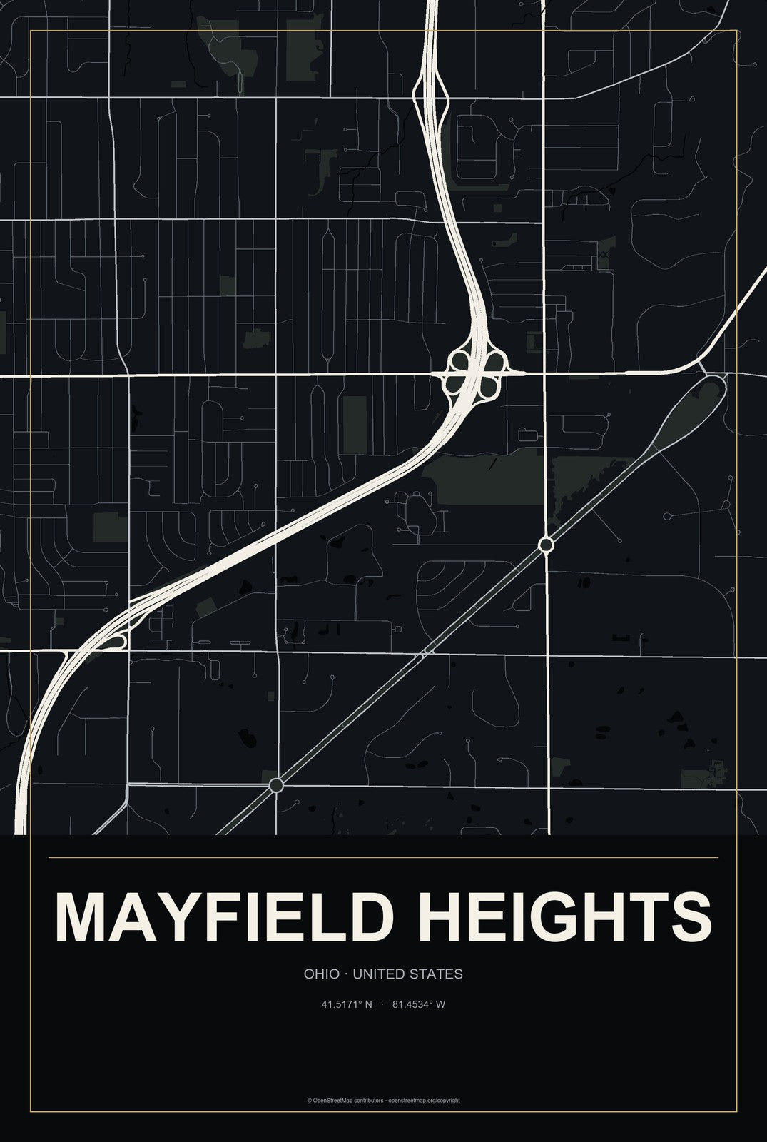 Mayfield Heights, Ohio City Map Aluminum Sign in Metropolitan Noir style