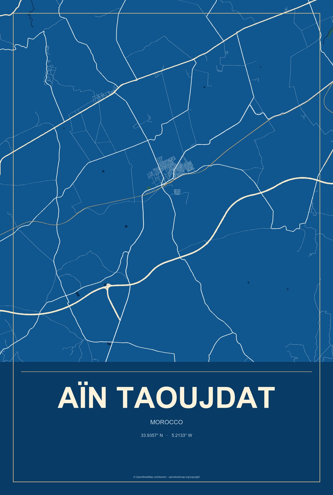 Aïn Taoujdat, Morocco City Map Aluminum Sign in Harbor Cobalt style