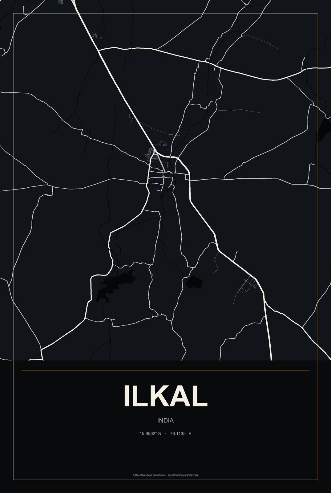 Ilkal, India City Map Aluminum Sign in Metropolitan Noir style