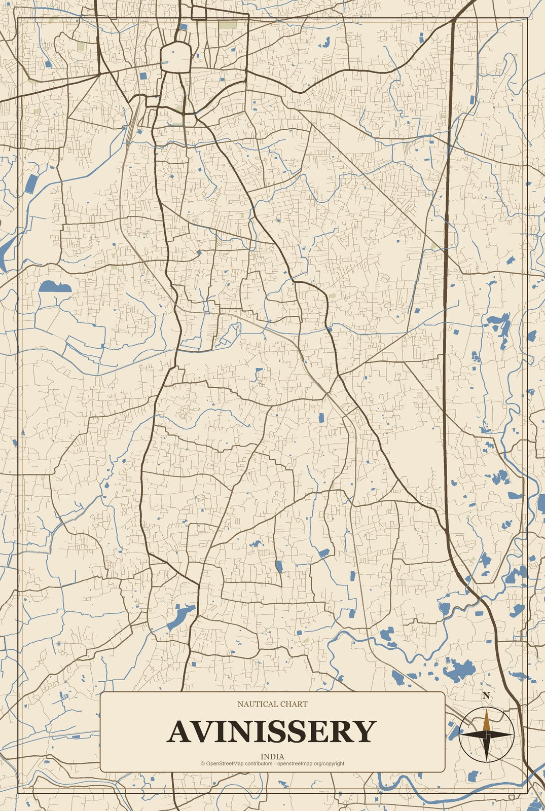 Avinissery, India City Map Aluminum Sign in Heritage Nautical style