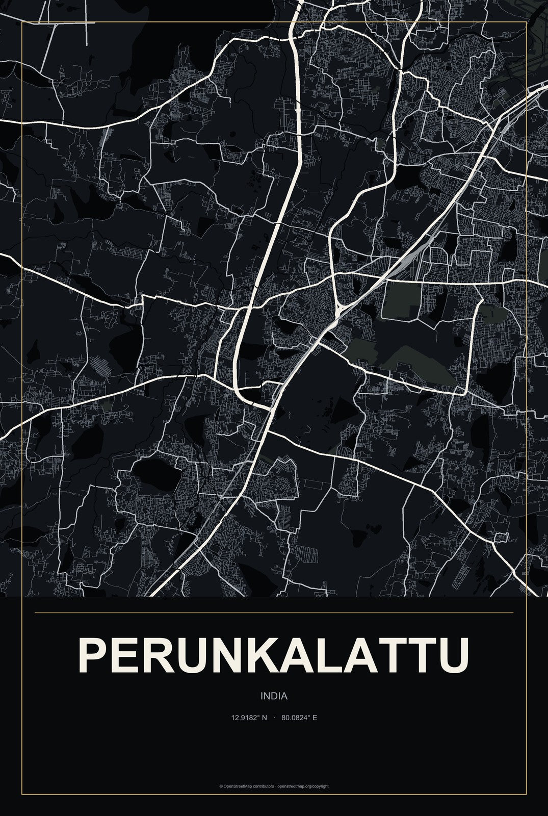 Perunkalattu, India City Map Aluminum Sign in Metropolitan Noir style