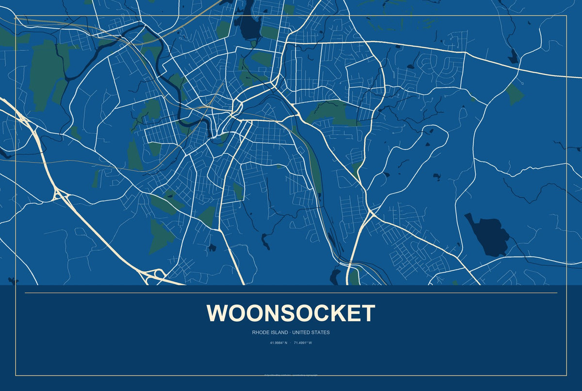 Woonsocket, Rhode Island City Map Aluminum Sign in Harbor Cobalt style