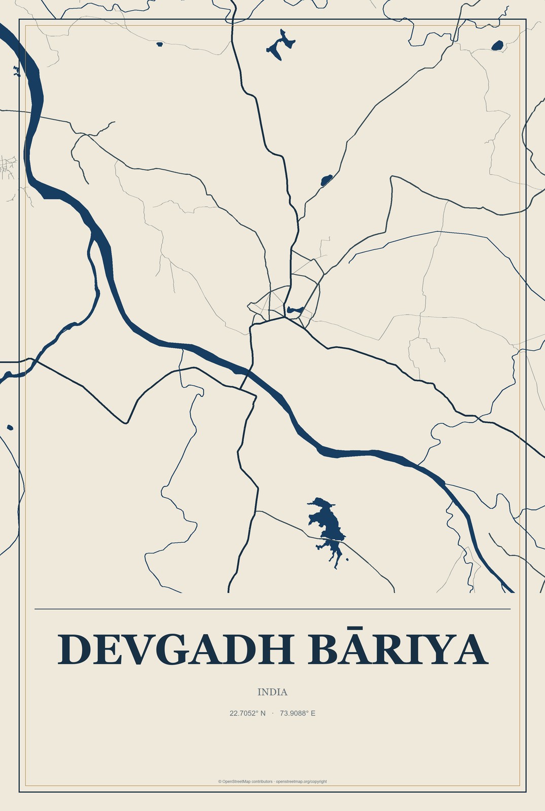 Devgadh Bāriya, India City Map Aluminum Sign in Coastal Cutout style