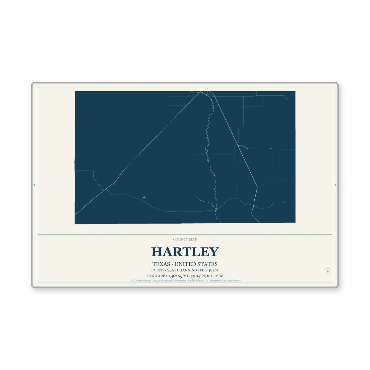 Hartley County, Texas Map Aluminum Sign in Coastal Cutout style