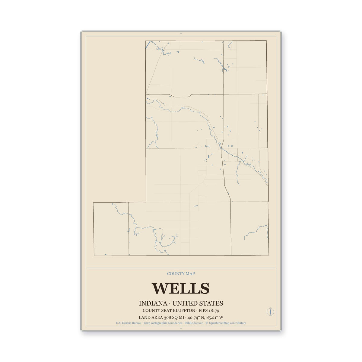 Wells County, Indiana Map Aluminum Sign in Heritage Nautical style