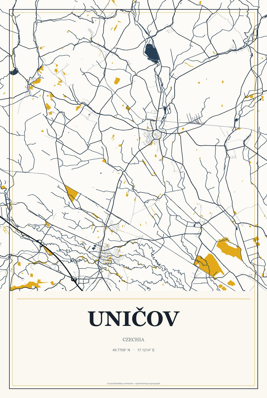 Uničov, Czechia City Map Aluminum Sign in Citrine Modern style