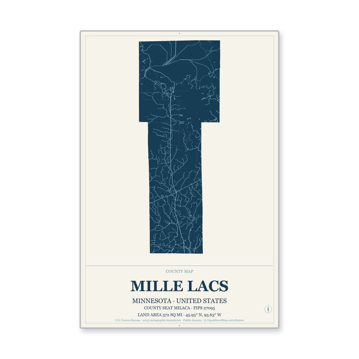 Mille Lacs County, Minnesota Map Aluminum Sign in Coastal Cutout style